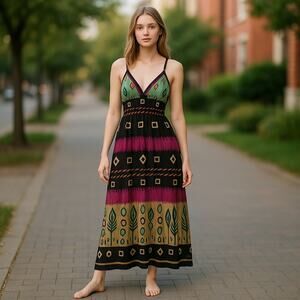 Vintage Y2K 2000s She's Cool Pink Brown Boho Sleeveless Midi Dress Small